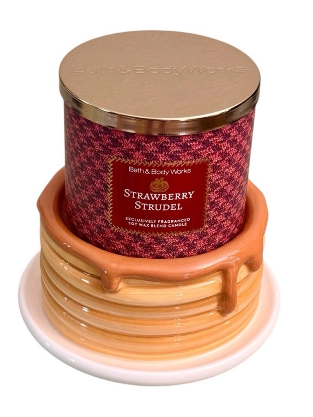 Bath & Body Works 3-Wick PANCAKE STACK Candle Holder STRAWBERRY STRUDEL Set